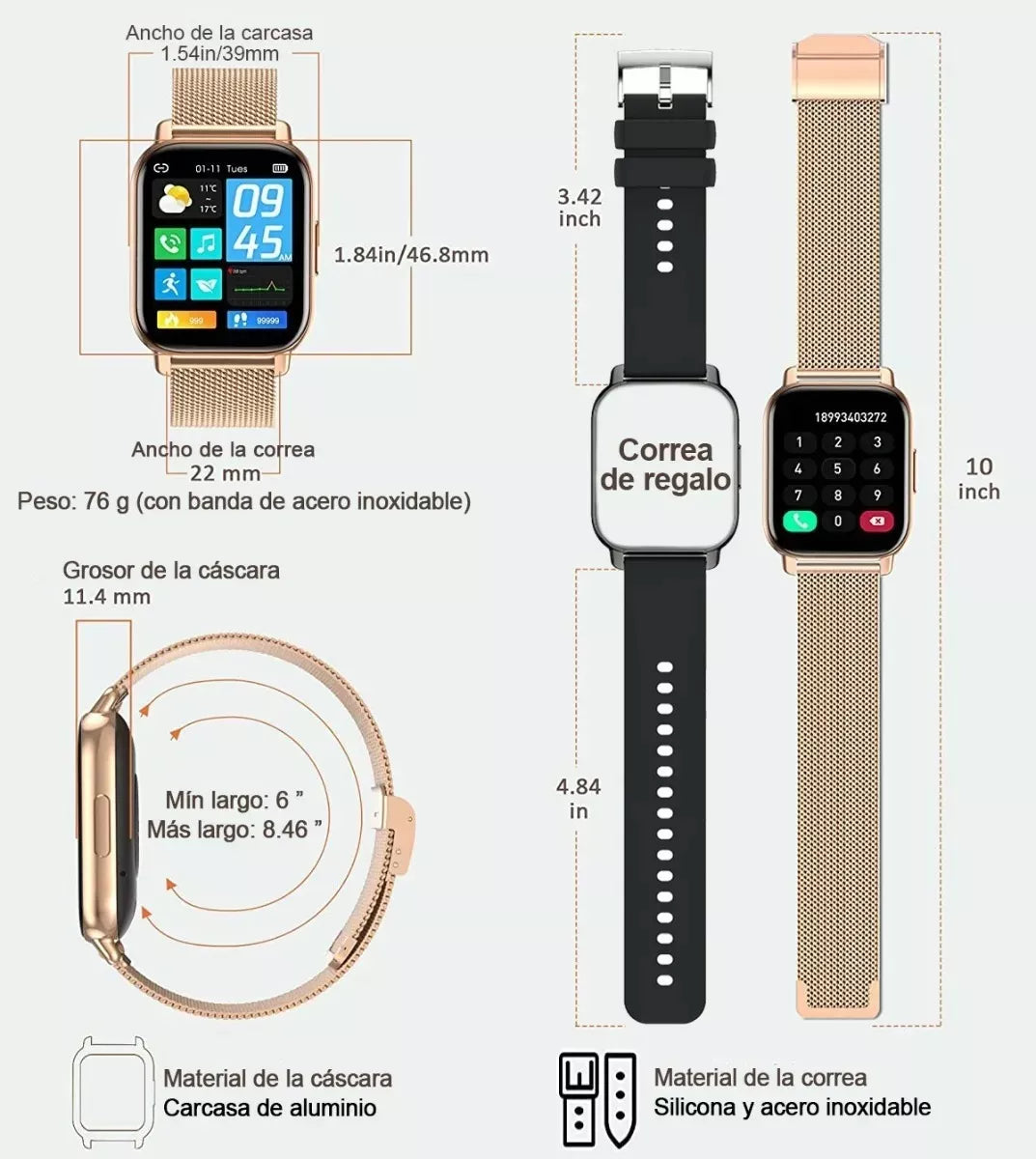 Smartwatch Mujer 1.85'' Reloj Inteligente Mkeojdo Reloj Impermeable Oro
